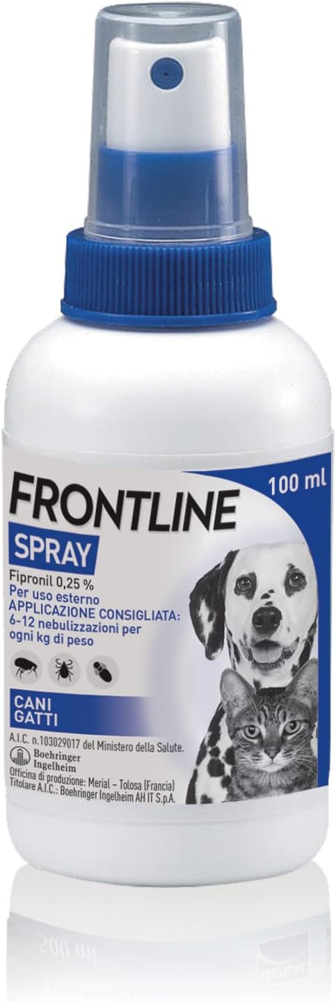 FRONTLINE Spray 100 ml, Antiparassitario per Cani e Gatti e Cuccioli dal Secondo Giorno di Vita, a Lunga Durata, Elimina e Protegge da Zecche, Pulci e Pidocchi