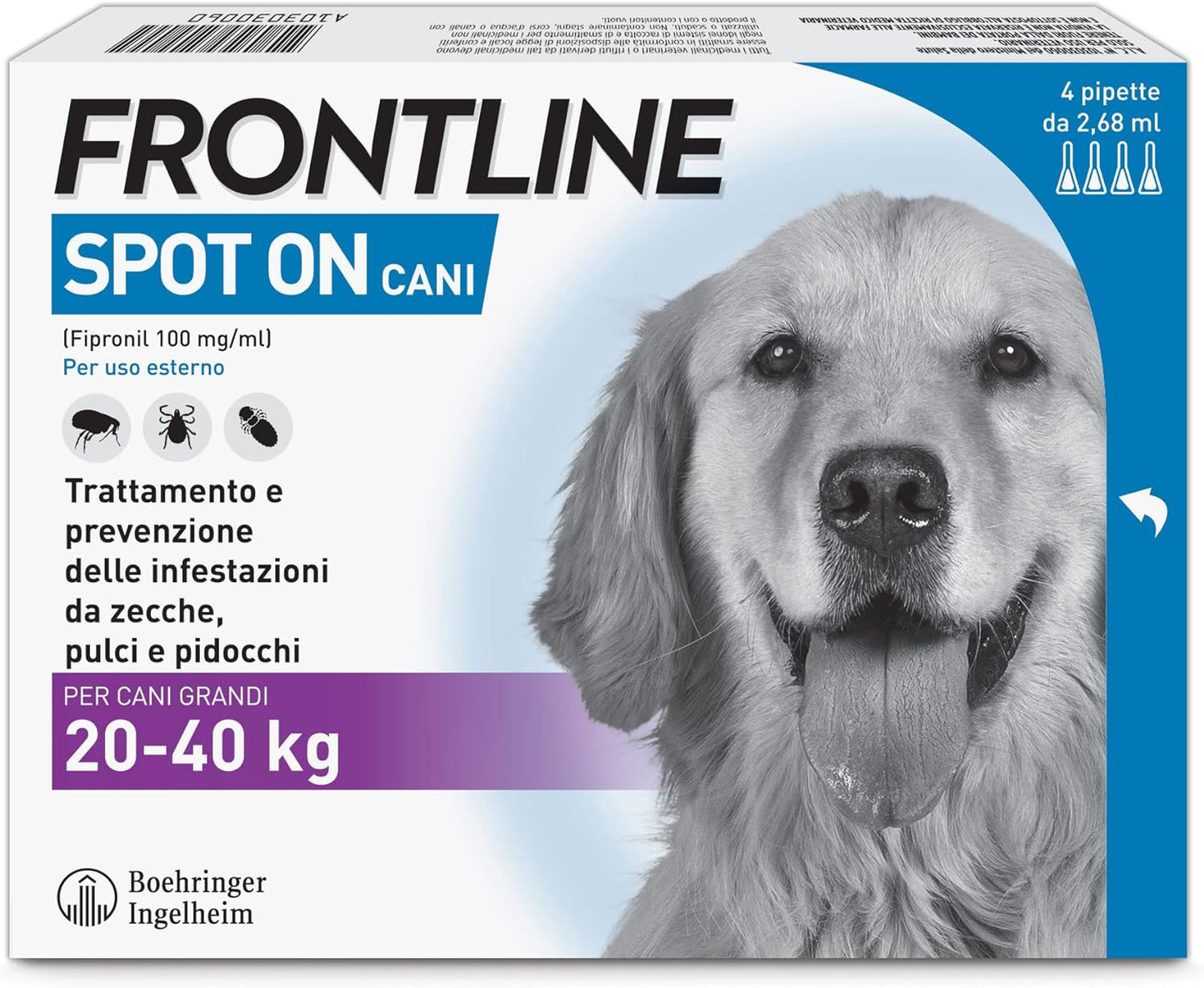 FRONTLINE Spot On, 4 Pipette, Cane, Antiparassitario per Cani e Cuccioli di Lunga Durata, Protegge da Zecche, Pulci e Pidocchi, Antipulci In Confezione da 4 Pipette