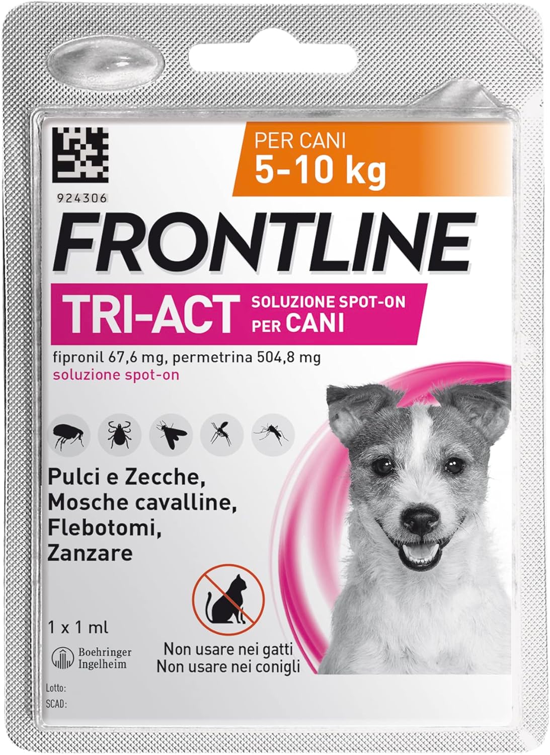 FRONTLINE TriAct, Antiparassitario per Cani e Cuccioli di Lunga Durata, Protegge il Cane da Pulci, zecche, Zanzare, Pappataci e Leishmaniosi, 1 Pipetta
